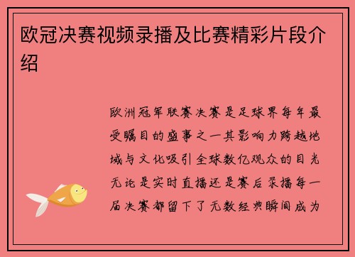 欧冠决赛视频录播及比赛精彩片段介绍