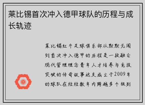 莱比锡首次冲入德甲球队的历程与成长轨迹
